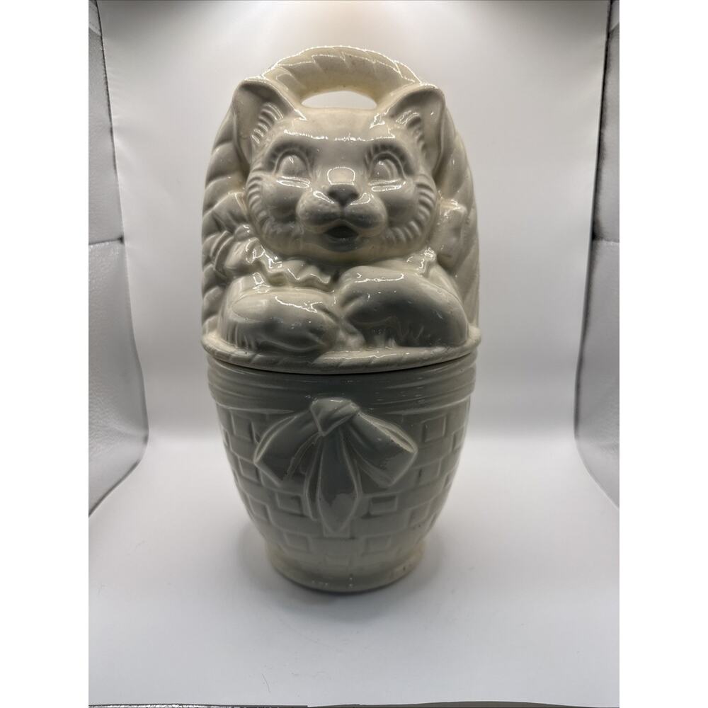 Antique Vintage American Bisque Cat in Basket Cookie Jar 1940's